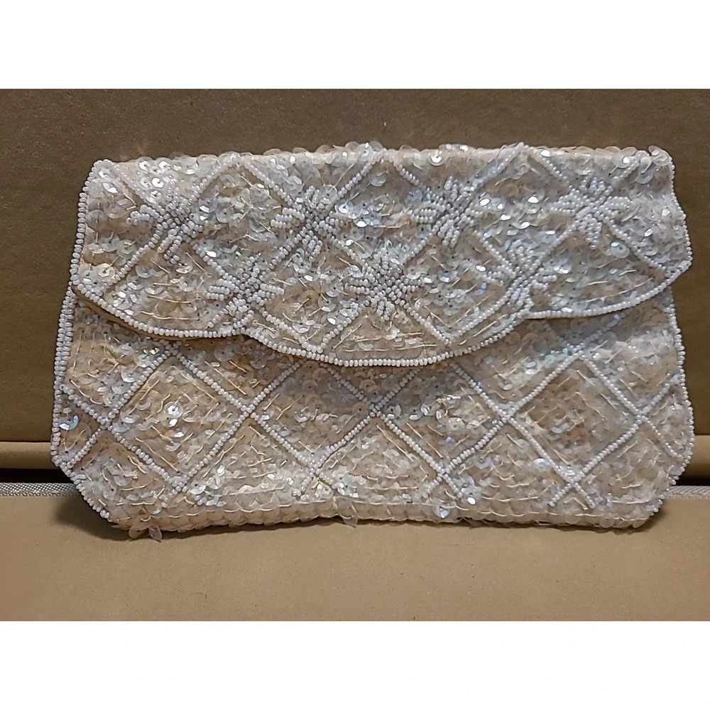 Vintage Ivory Cream Evening Bag Purse Sequin Beaded Clutch 8